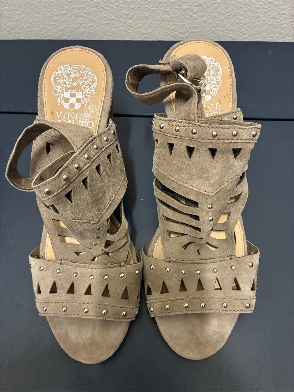 Vince Camuto Taupe Suede Cutout Studded Sandals